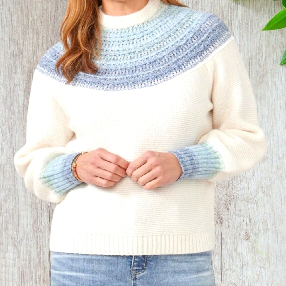 DEMOCRACY Long Banded Blouson Sleeve Ombre Placement Pointelle Stitch Sweater